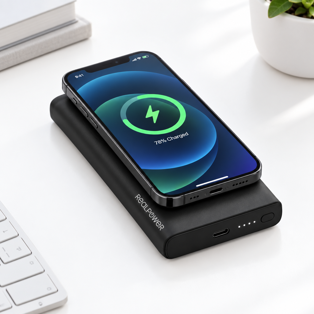 REALPOWER PB-8000 wireless power bank charging a smartphone on a white desk