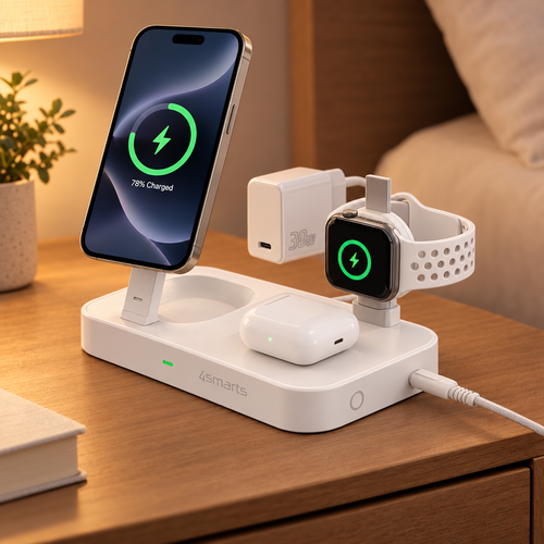 4smarts Trident Qi2 3-in-1 charging station on a wooden nightstand with iPhone, AirPods and smartwatch charging