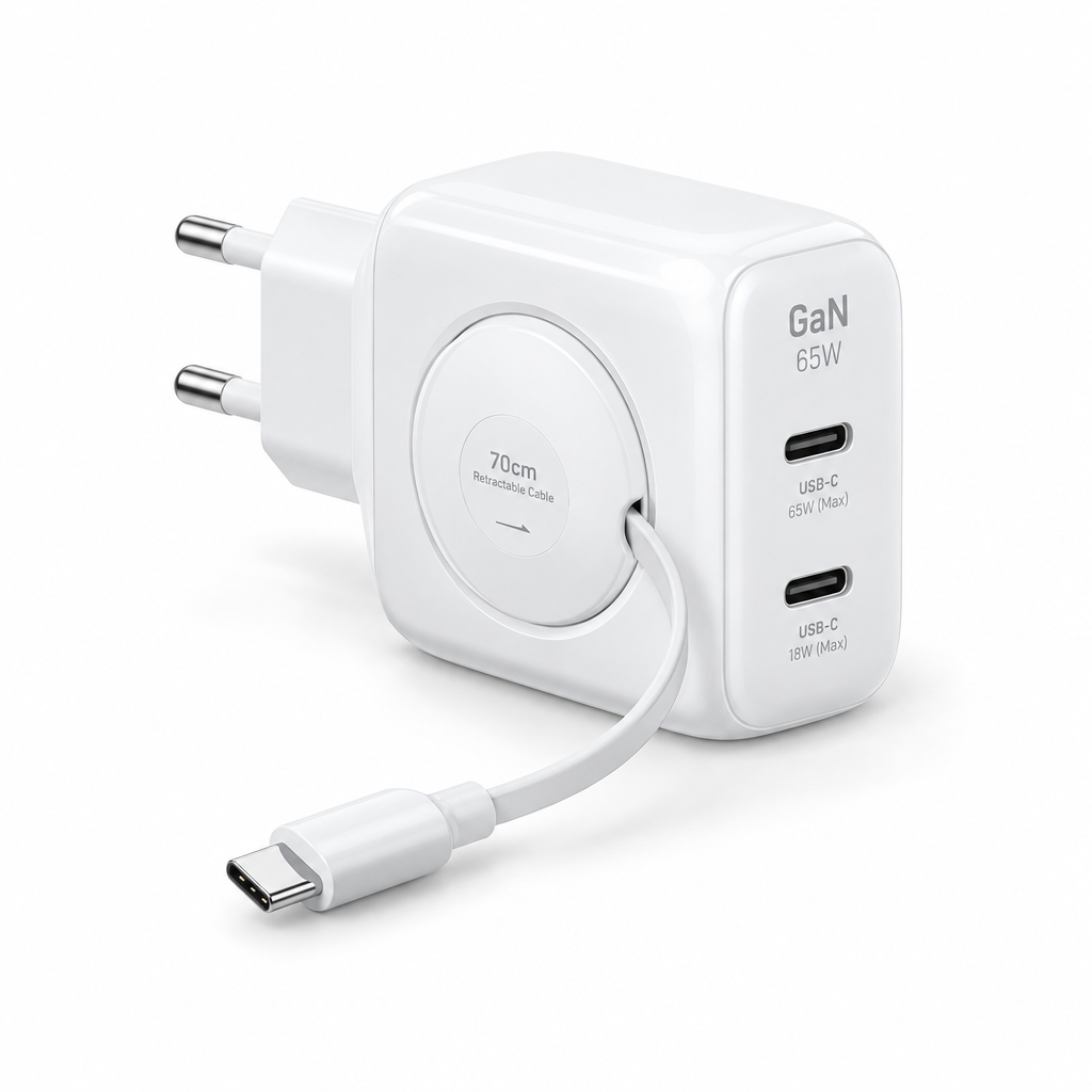 REALPOWER GaN Charger 65W with EU plug and integrated USB-C cable