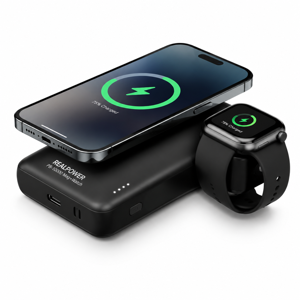 REALPOWER PB-10000 Mag+Watch 10000mAh magnetic power bank with smartphone wirelessly charging on top and smartwatch charging area
