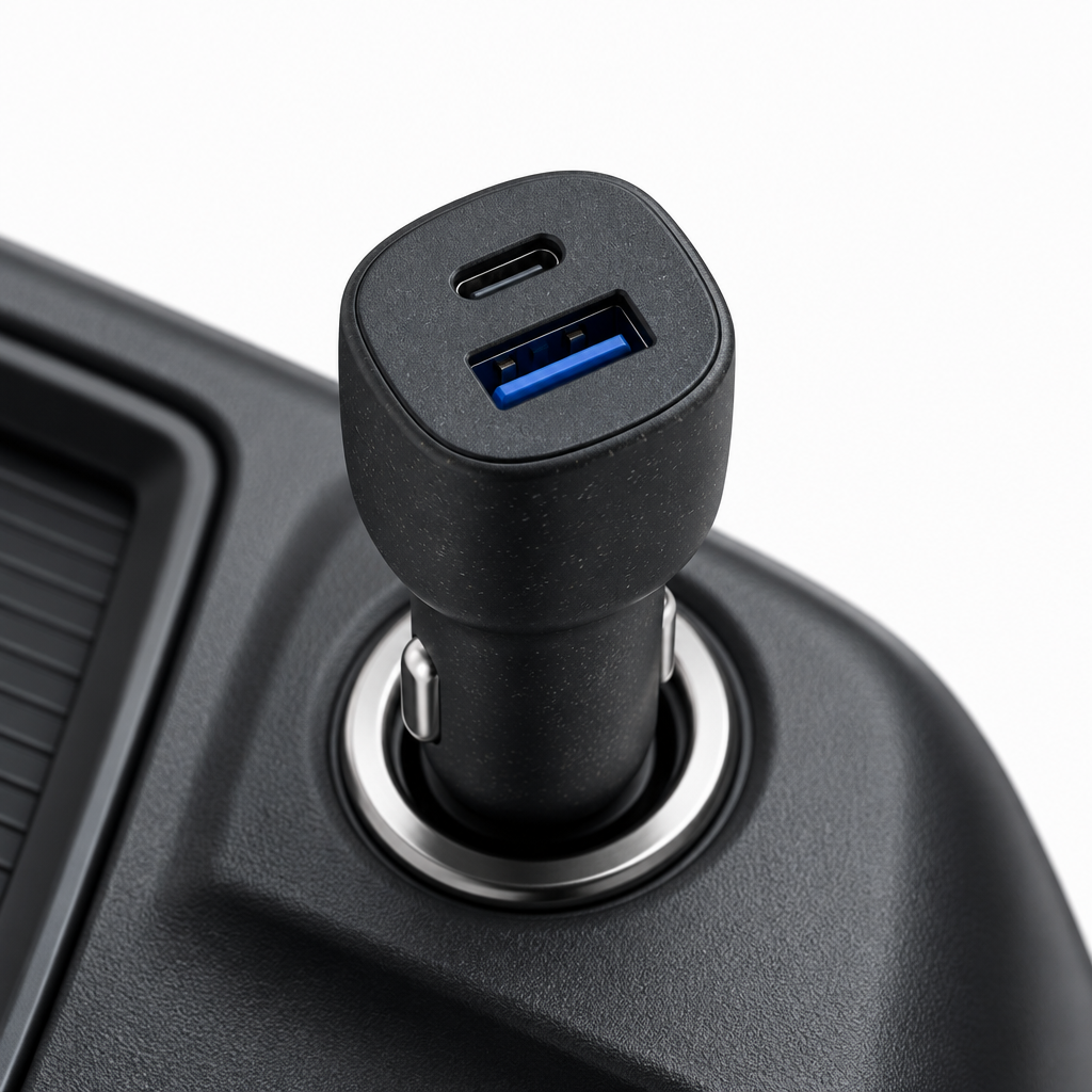 dbramante1928 re-charge dual-port car charger USB-C 30W and USB-A 18W in dark recycled plastic