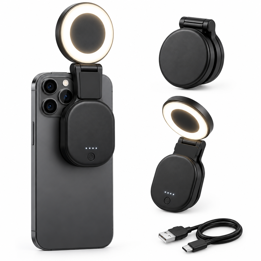 REALPOWER Selfie MagFree magnetic selfie light and power bank in use on smartphone