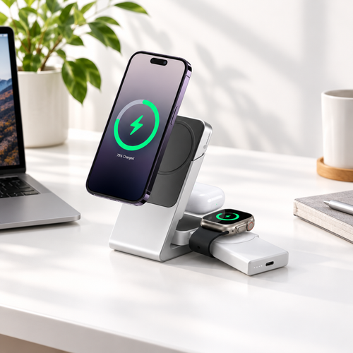 ALOGIC Matrix+ 3-in-1 charging dock with iPhone, AirPods and Apple Watch charging on a home office desk