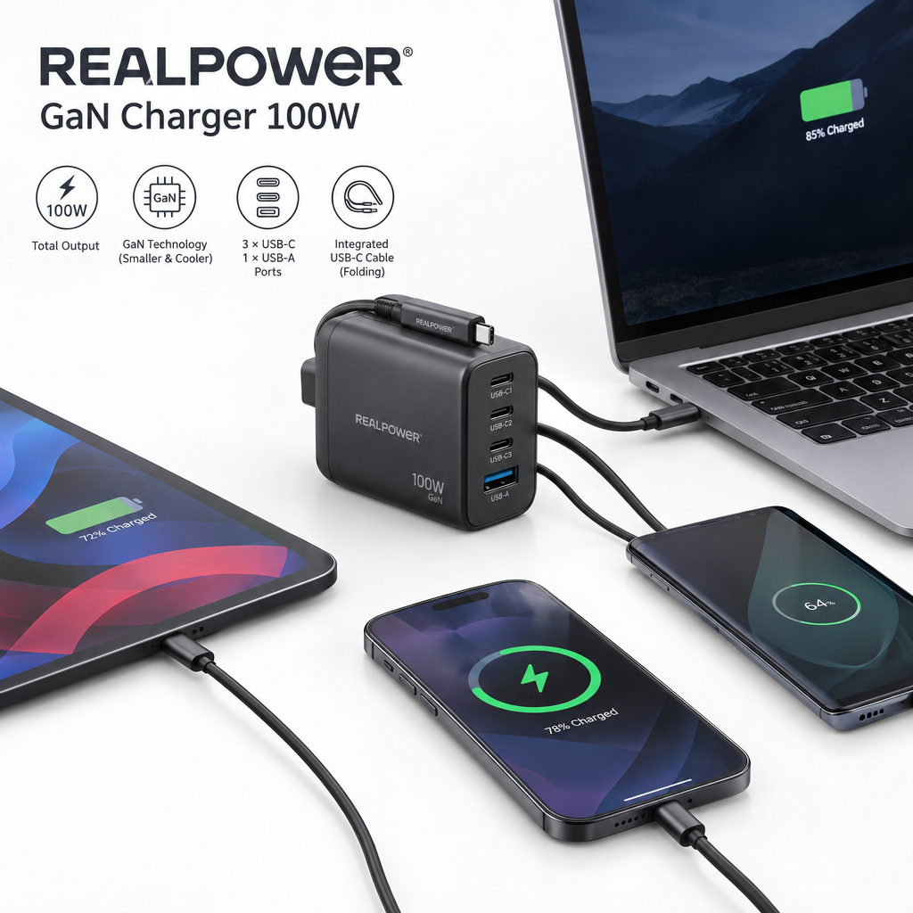 REALPOWER GaN Charger 100W multi-port with integrated USB-C cable charging multiple devices simultaneously